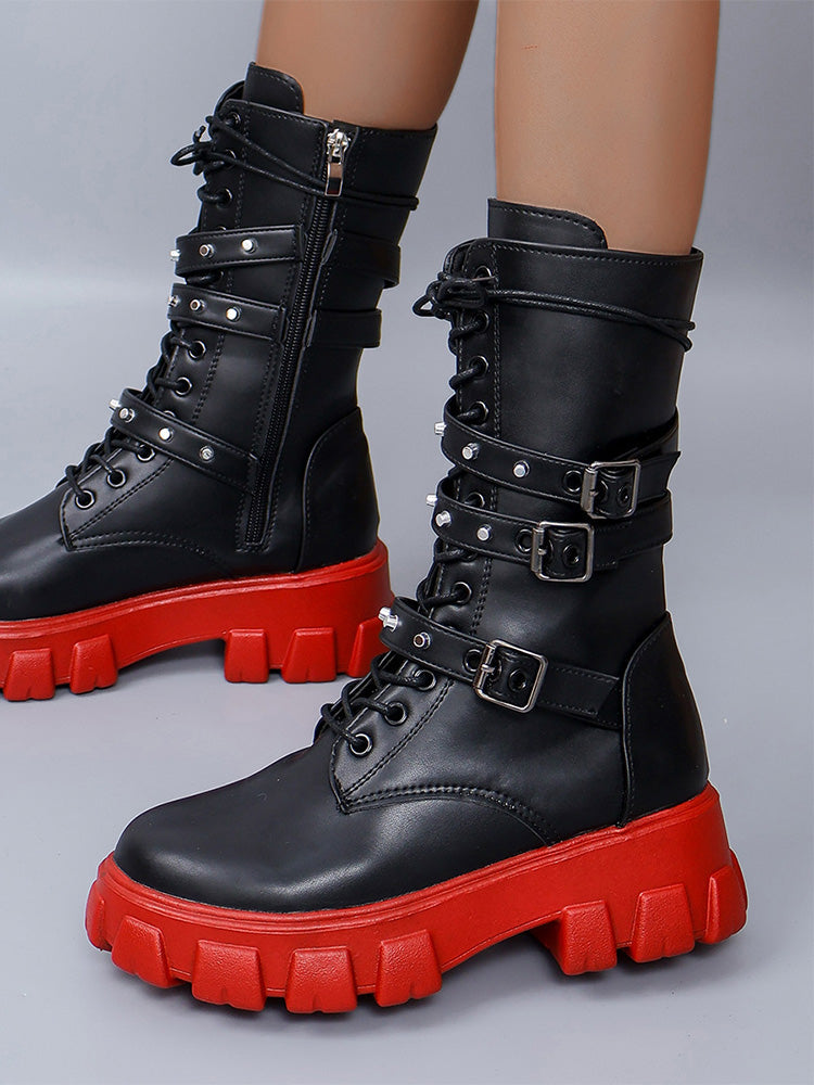 Eyelet Buckled Zipper Platform Boots - Bold Muse Co