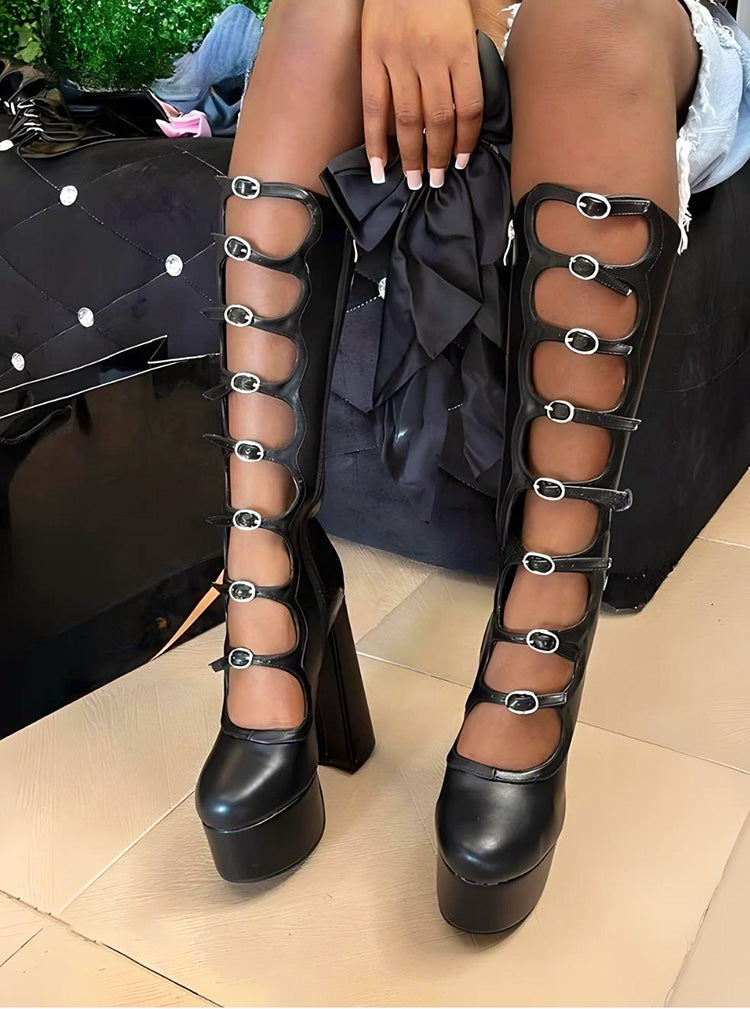 Leather Buckle-Strap Platform Boots - Bold Muse Co