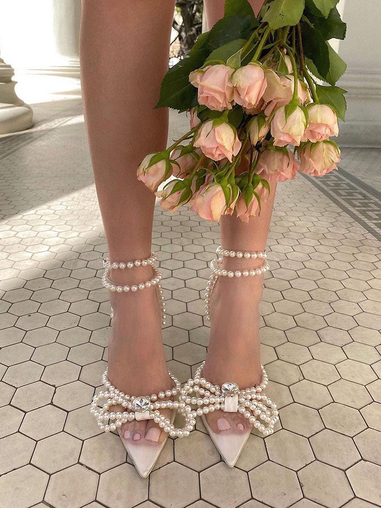 Pearl Bow Pointed Toe Transparent Heels - Bold Muse Co