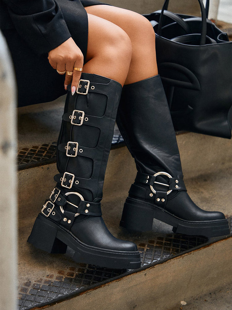 Buckle Leather Chunky Heel Boots - Bold Muse Co