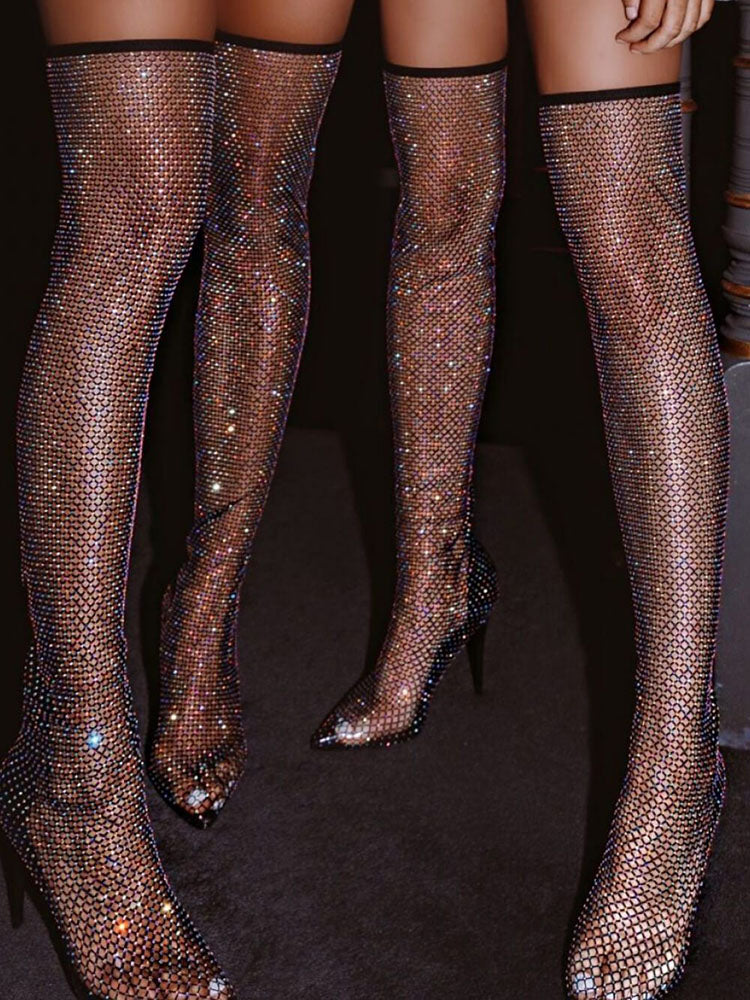Rhinestone Fishnet Heels Boots - Bold Muse Co