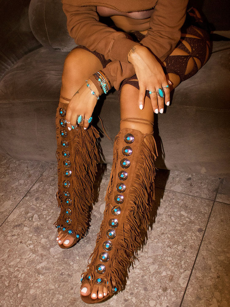Bohemian Gemstone Fringe Sandals close look