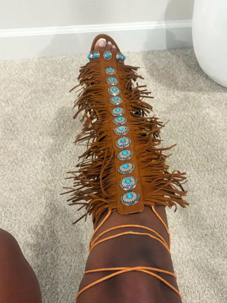 Bohemian Gemstone Fringe Sandals
single