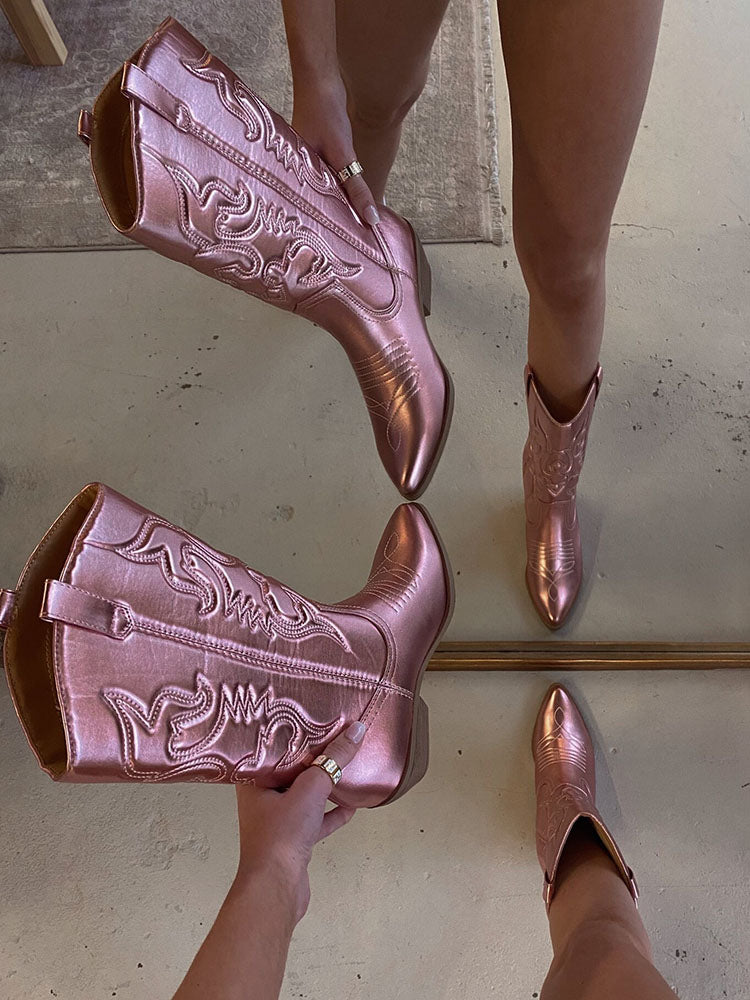 Metallic PU Leather Cowboy Boots - Bold Muse Co