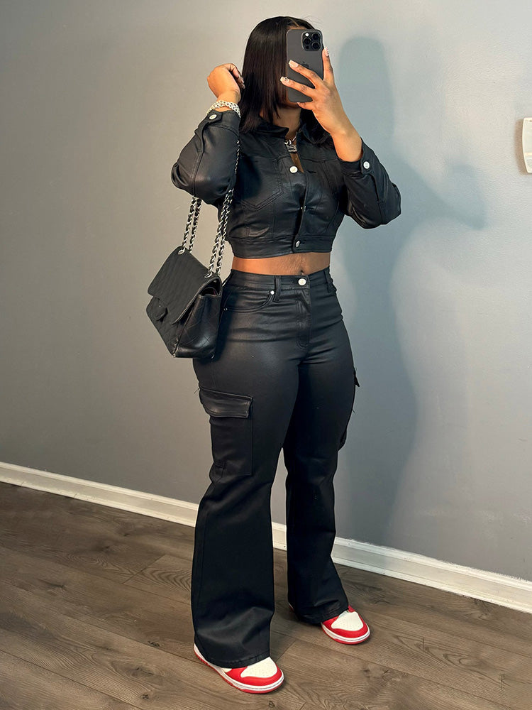 Leather Cropped Jacket & Pants Set - Bold Muse Co