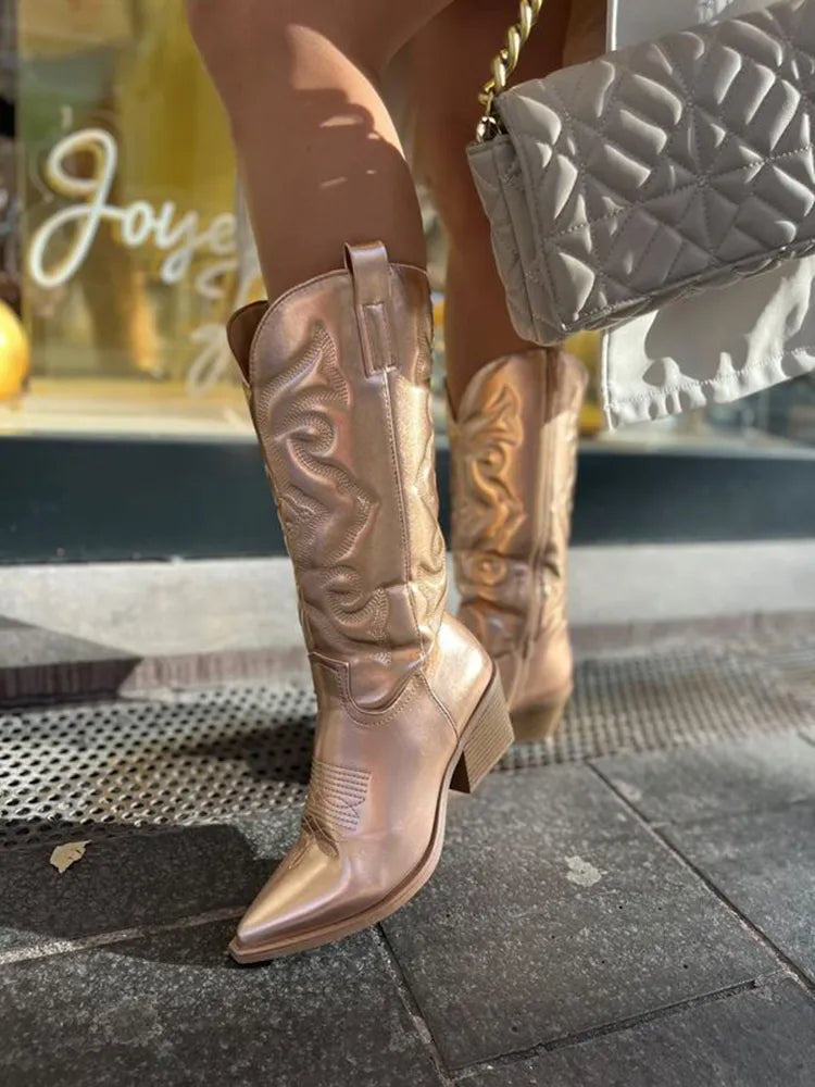 Metallic PU Leather Cowboy Boots - Bold Muse Co