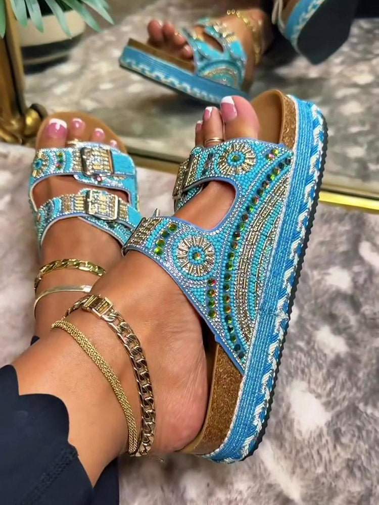 Rhinestone Double Strap Platform Sandals