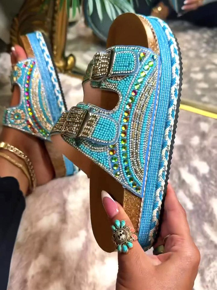 Rhinestone Double Strap Platform Sandals