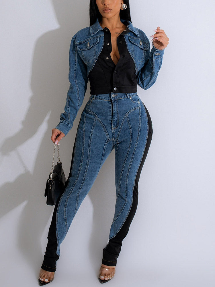 Color Contrast Denim Jacket & Jeans - Bold Muse Co