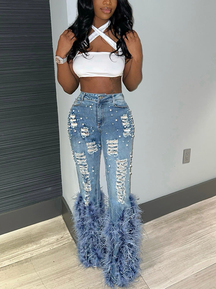 Pearl Feather Distressed Denim Jeans - Bold Muse Co