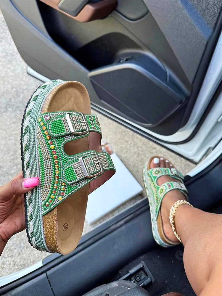 Rhinestone Double Strap Platform Sandals