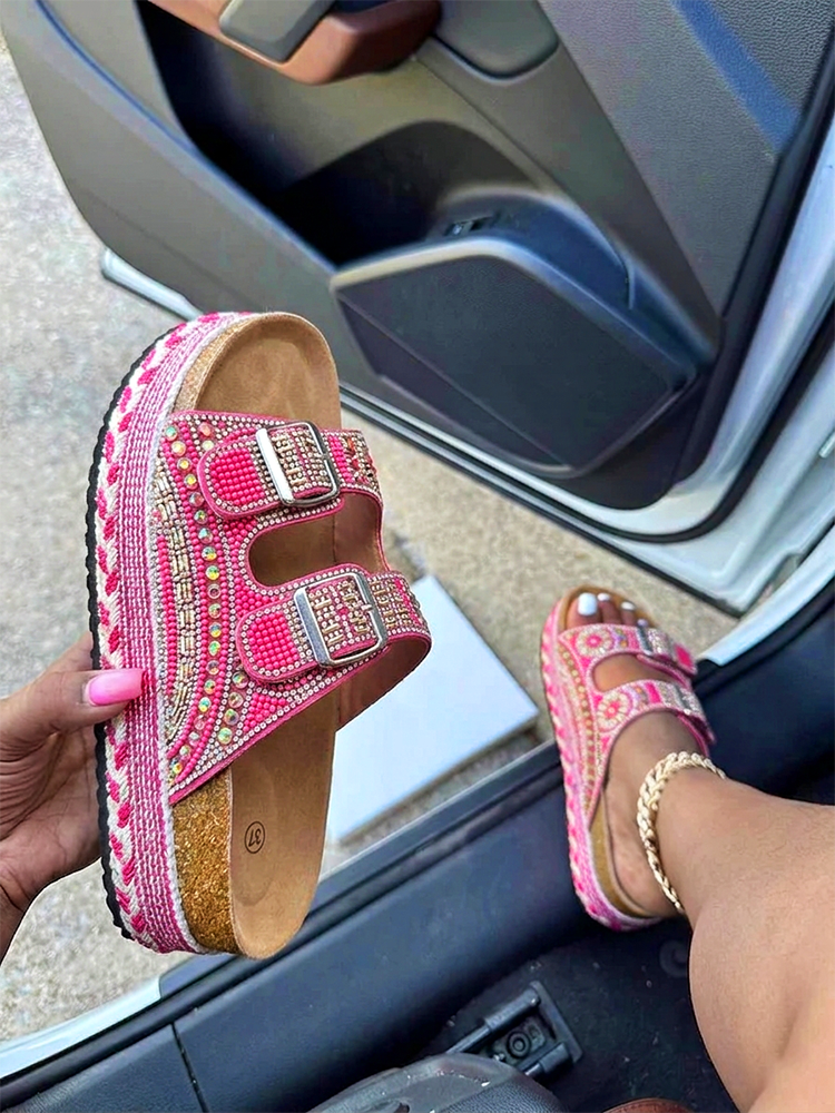 Rhinestone Double Strap Platform Sandals