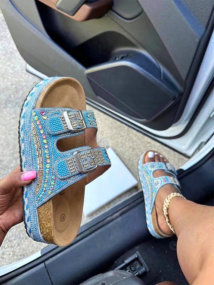 Rhinestone Double Strap Platform Sandals