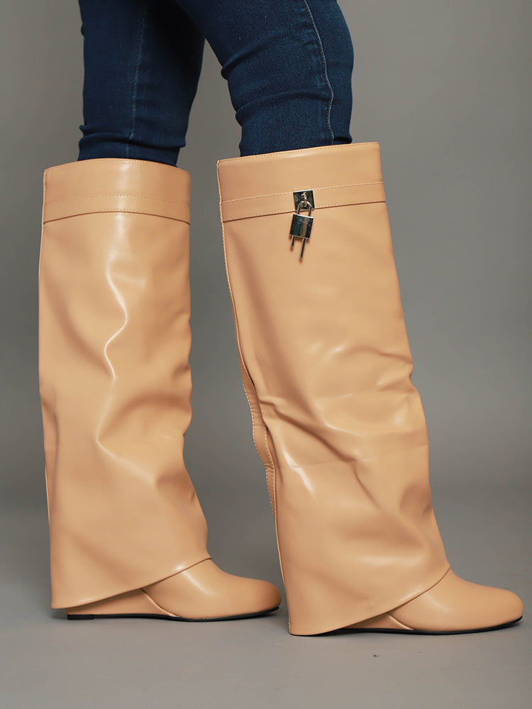 Lock & Key Leather Wedge Heel Boots - Bold Muse Co