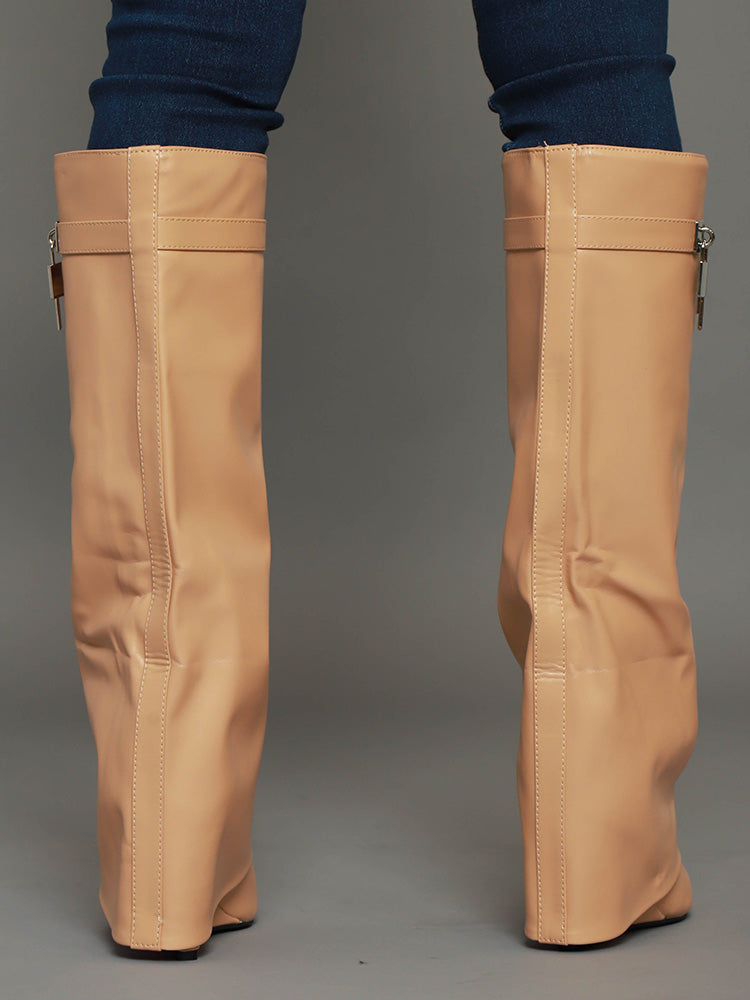 Lock & Key Leather Wedge Heel Boots - Bold Muse Co