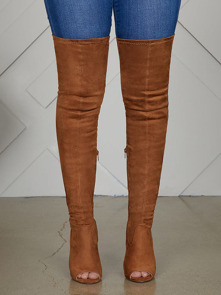 Peep Toe Suede Over Knee Boots - Bold Muse Co
