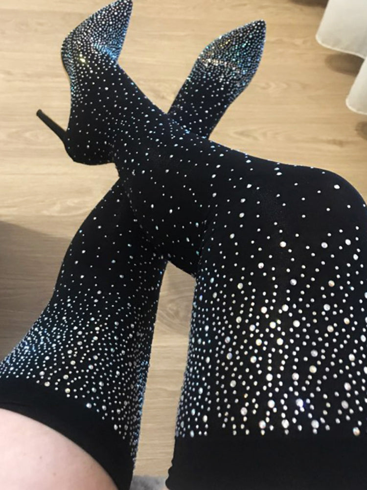 Rhinestone Decor Thigh High Boots - Bold Muse Co