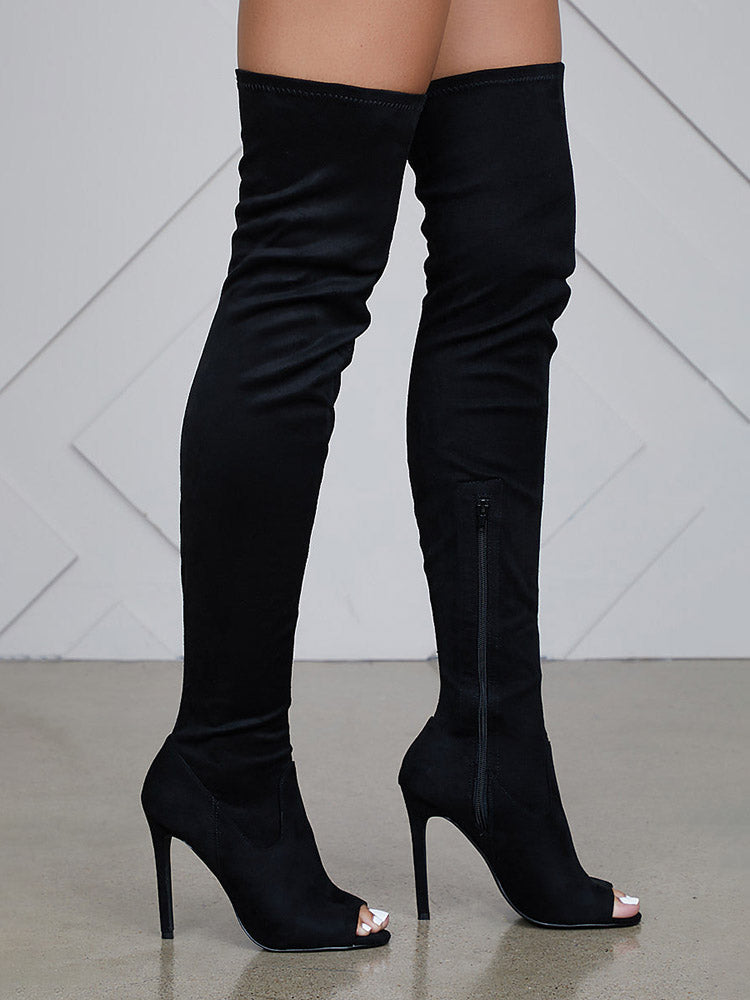Peep Toe Suede Over Knee Boots - Bold Muse Co