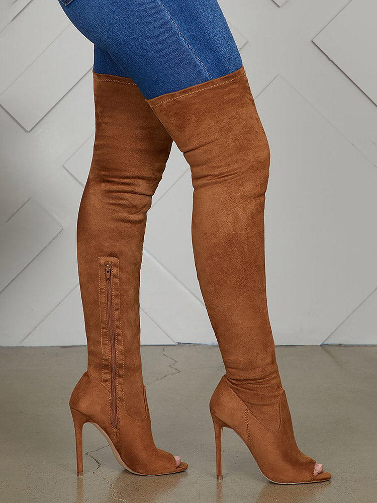 Peep Toe Suede Over Knee Boots - Bold Muse Co