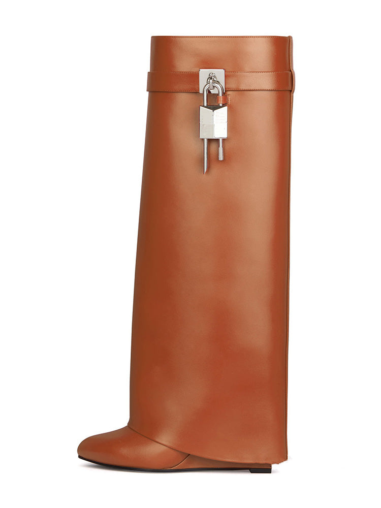 Lock & Key Leather Wedge Heel Boots - Bold Muse Co