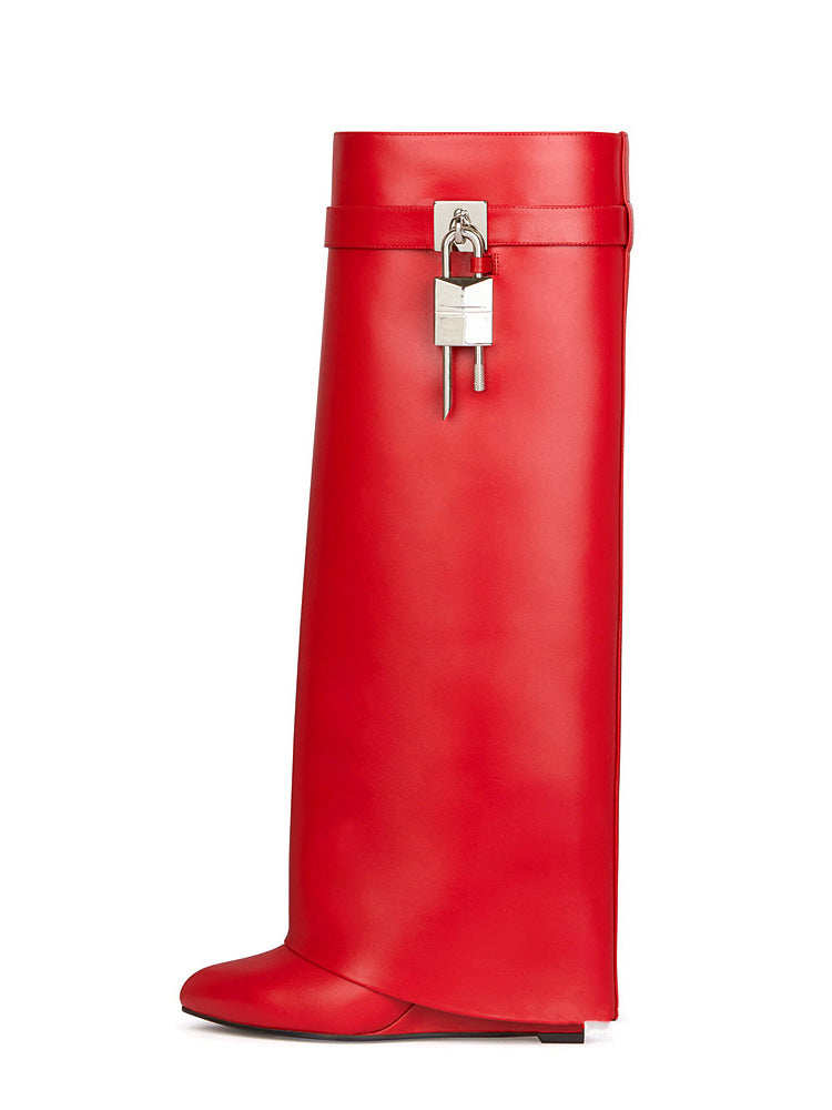 Lock & Key Leather Wedge Heel Boots - Bold Muse Co