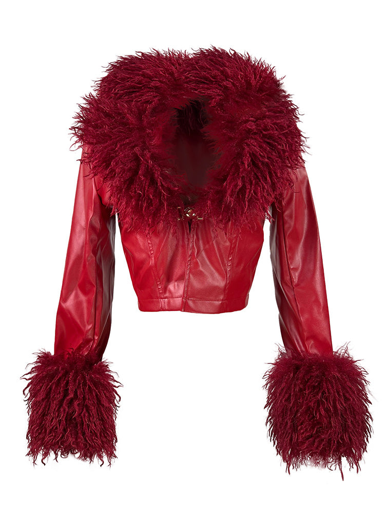 Faux Fur Trim Leather Jacket & Croc-Embossed Pants