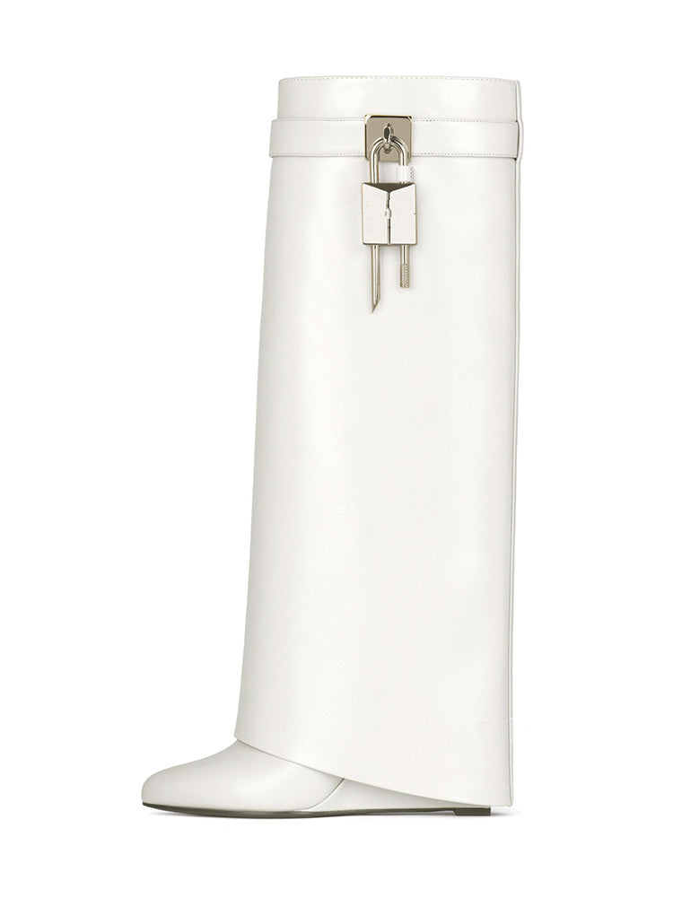Lock & Key Leather Wedge Heel Boots - Bold Muse Co