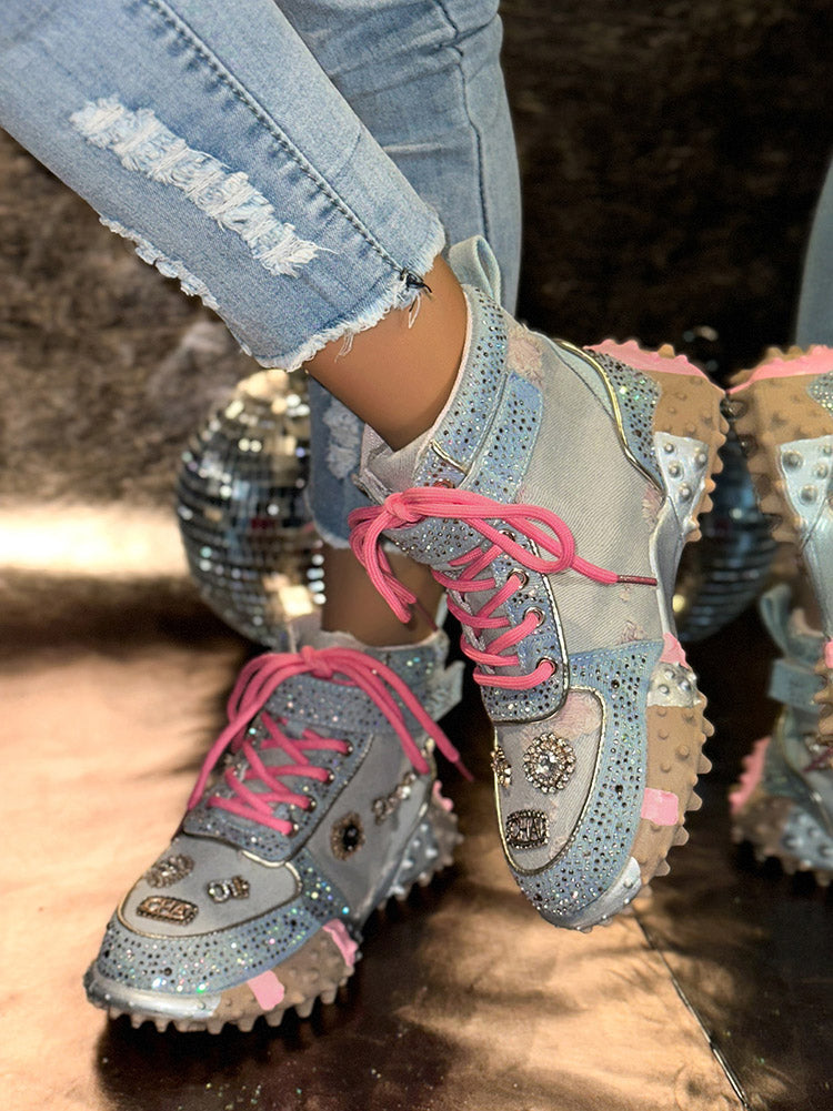 Rhinestone Denim High-Top Sneakers