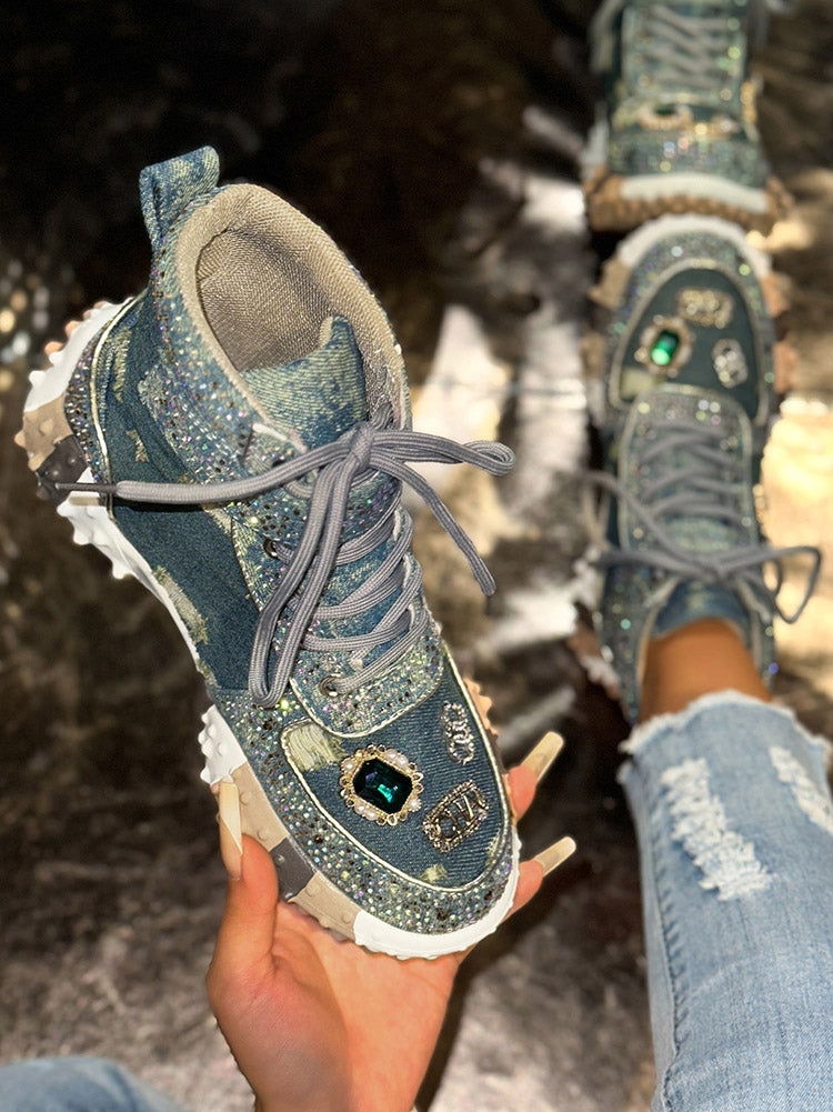 Rhinestone Denim High-Top Sneakers