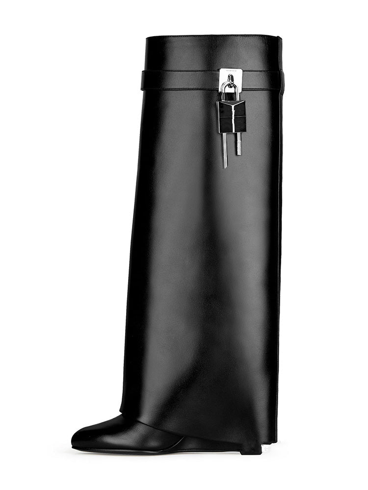 Lock & Key Leather Wedge Heel Boots - Bold Muse Co