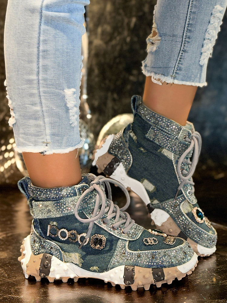 Rhinestone Denim High-Top Sneakers