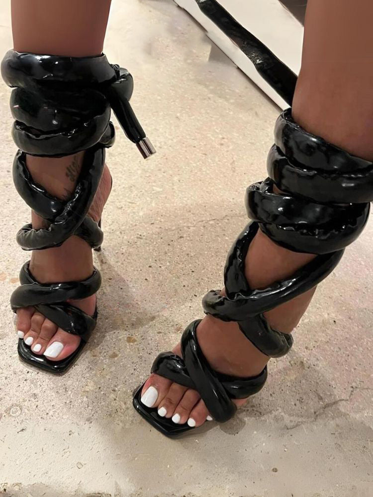 Cross Puffy Strap Heeled Sandals - Bold Muse Co