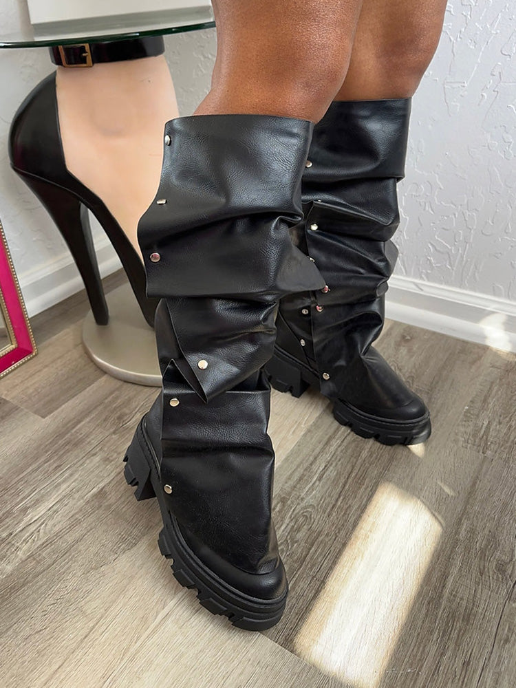 Leather Press Stud Round Toe Boots - Bold Muse Co
