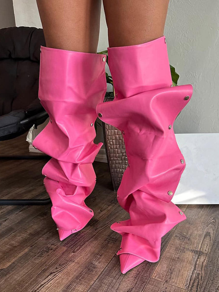 Leather Press Stud Knee-High Boots - Bold Muse Co