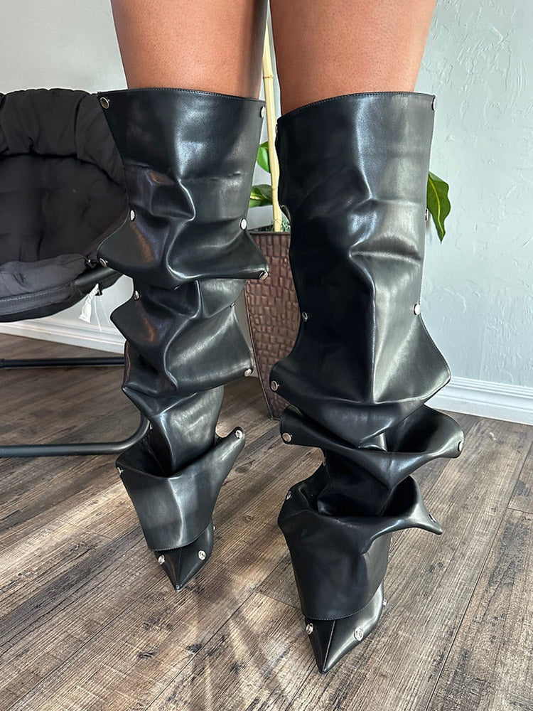 Leather Press Stud Knee-High Boots - Bold Muse Co