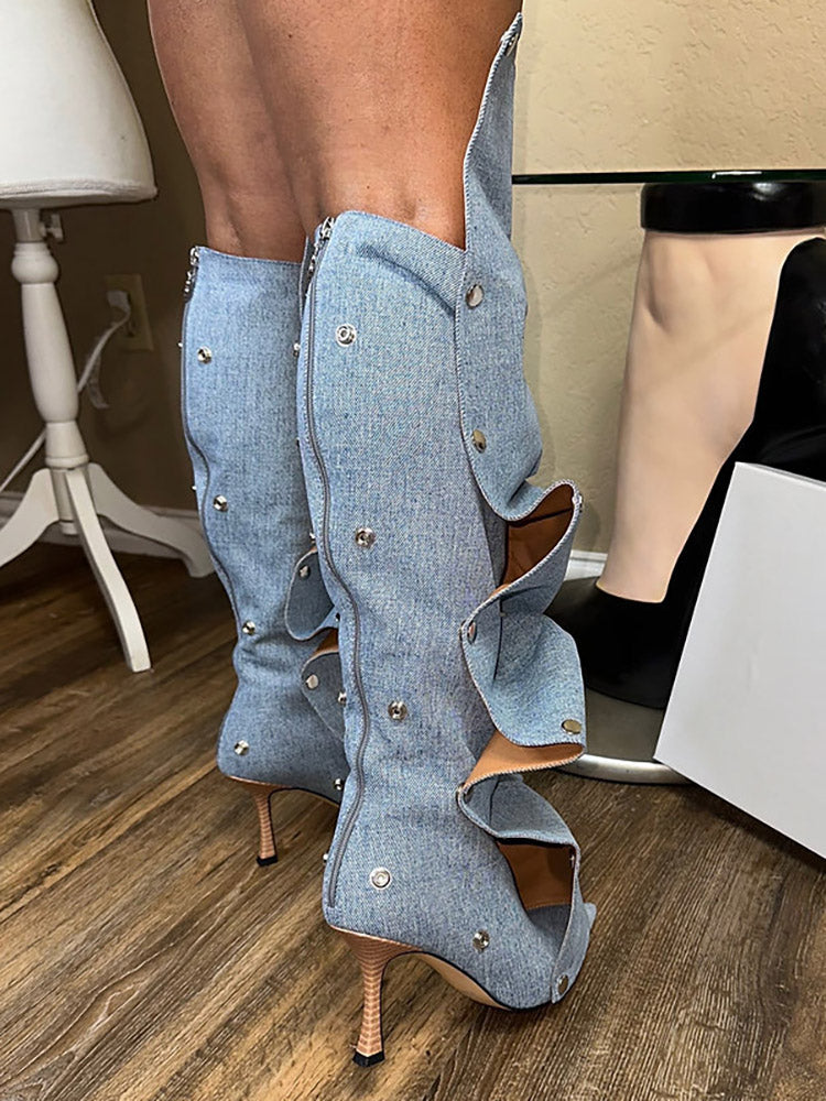 Leather Press Stud Knee-High Boots - Bold Muse Co