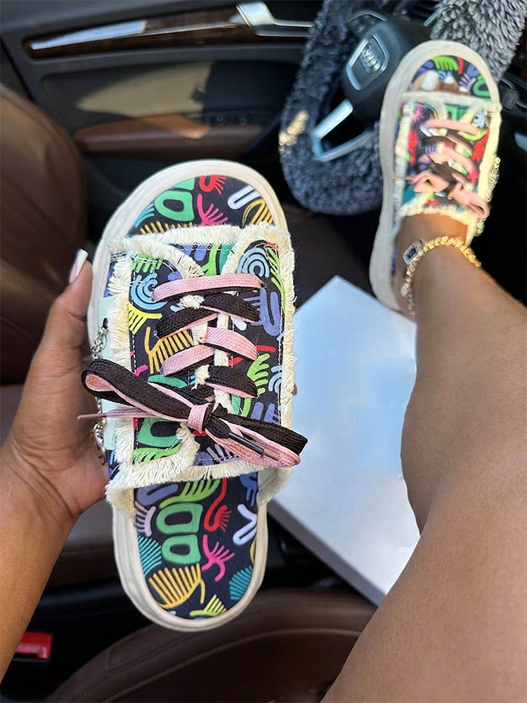 Abstract Print Frayed Lace-Up Sandals