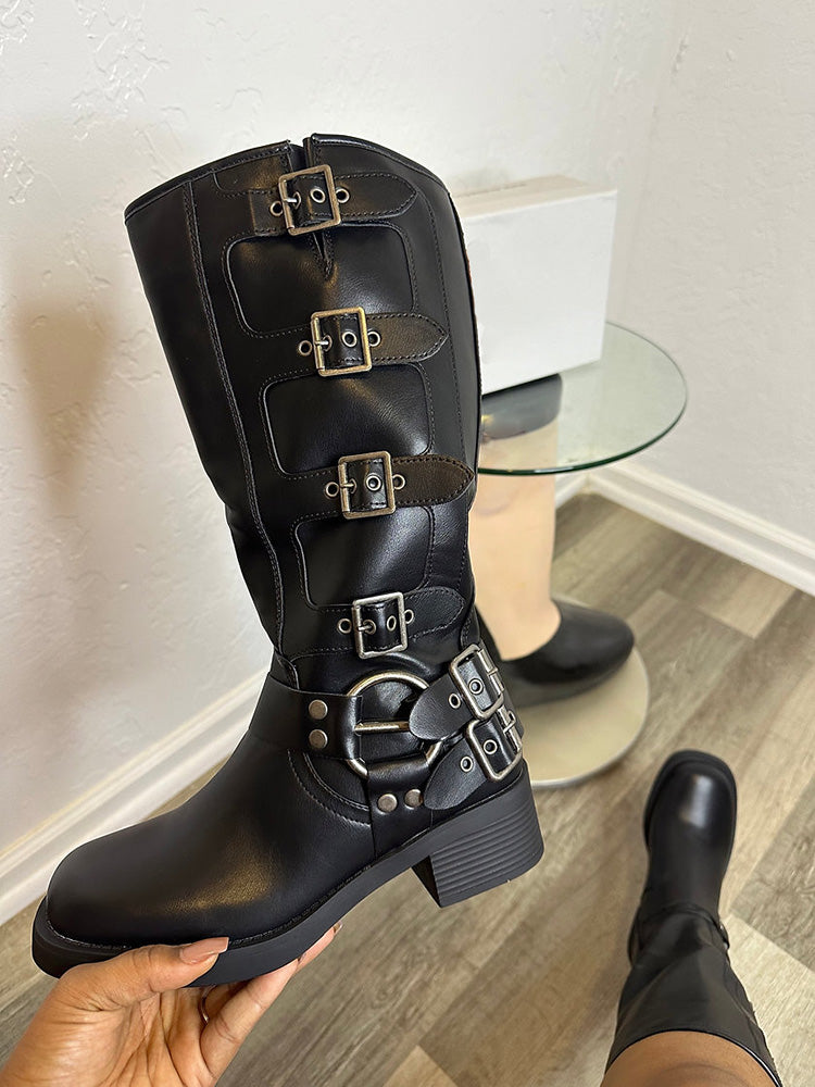 Buckle Leather Chunky Heel Boots - Bold Muse Co
