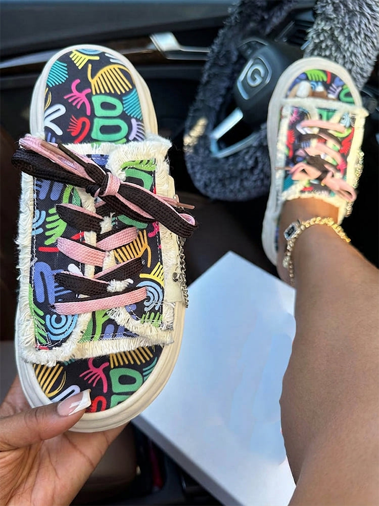 Abstract Print Frayed Lace-Up Sandals