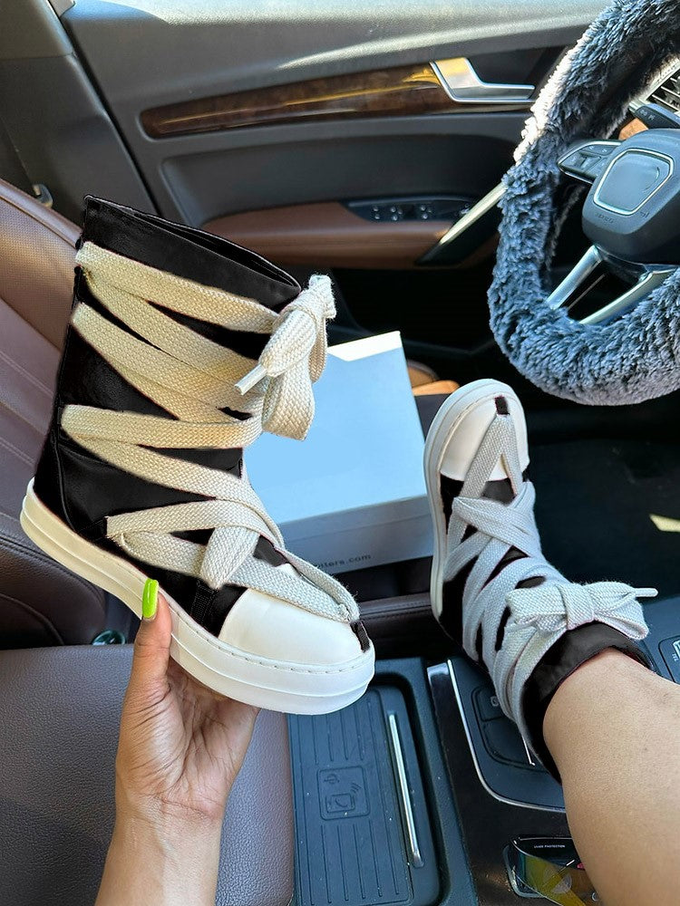 Cross Lace PU High-Top Sneakers - Bold Muse Co