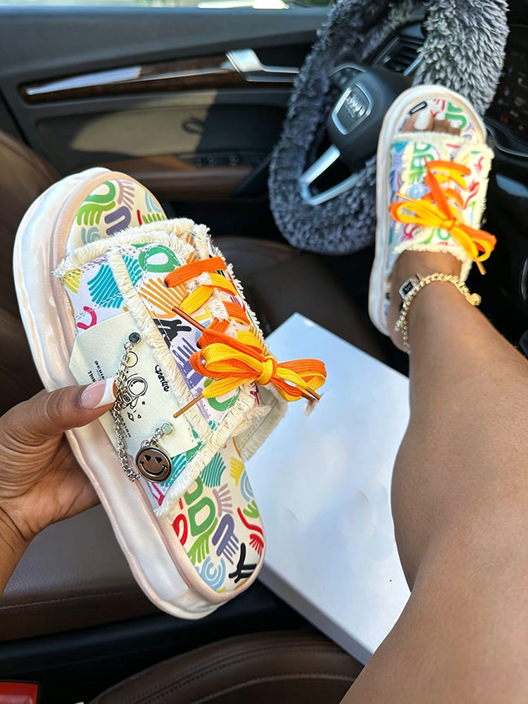 Abstract Print Frayed Lace-Up Sandals