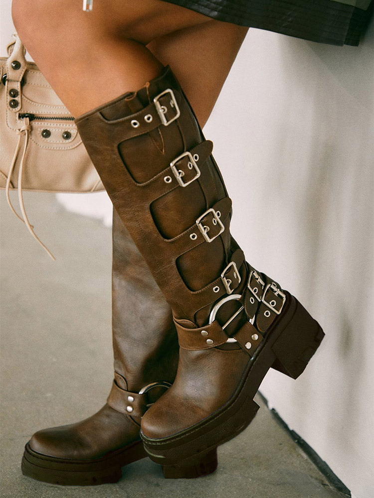 Buckle Leather Chunky Heel Boots - Bold Muse Co