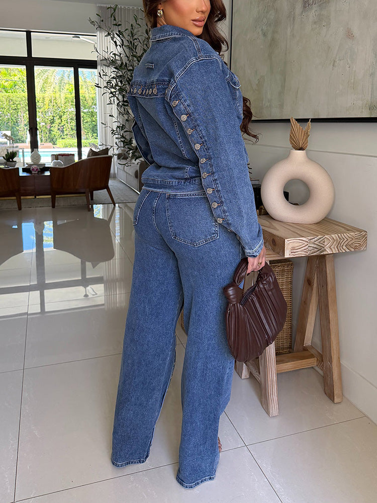 Full Button Denim Jacket & Jeans Set