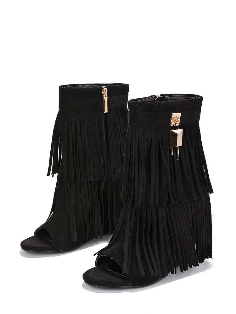 Fringe Open Toe Suede Boots - Bold Muse Co