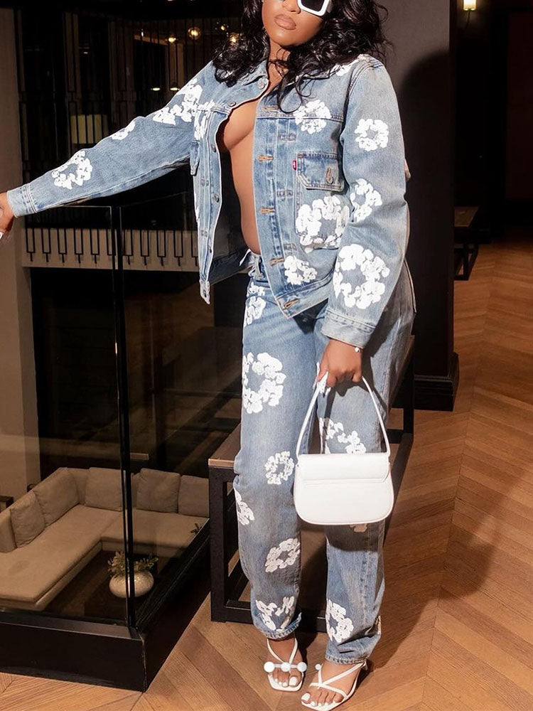 Floral Print Denim Jacket & Jeans - Bold Muse Co