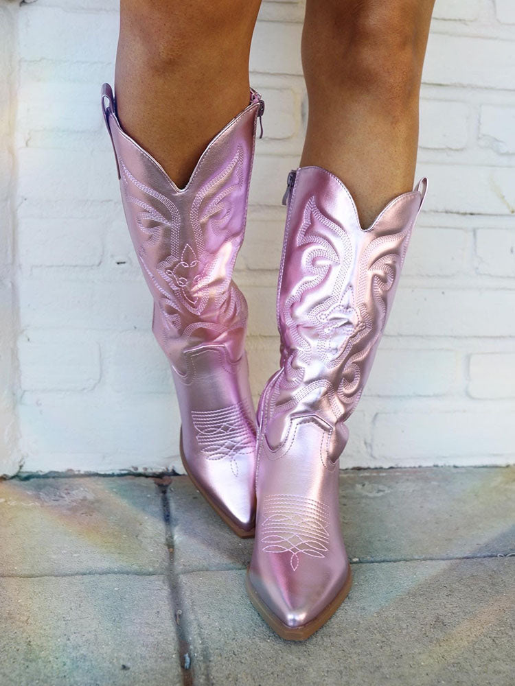 Metallic PU Leather Cowboy Boots - Bold Muse Co