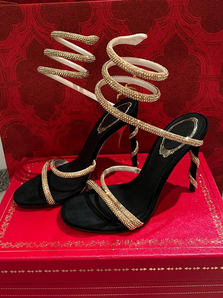 Rhinestone Ankle-Wrap Sandals - Bold Muse Co