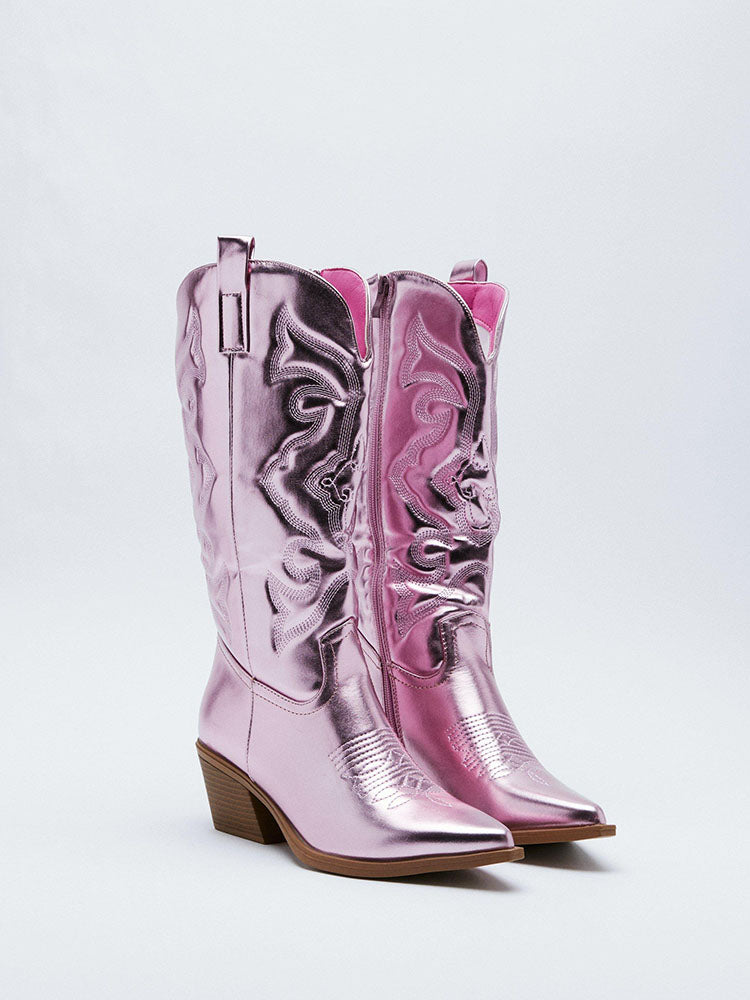 Metallic PU Leather Cowboy Boots - Bold Muse Co