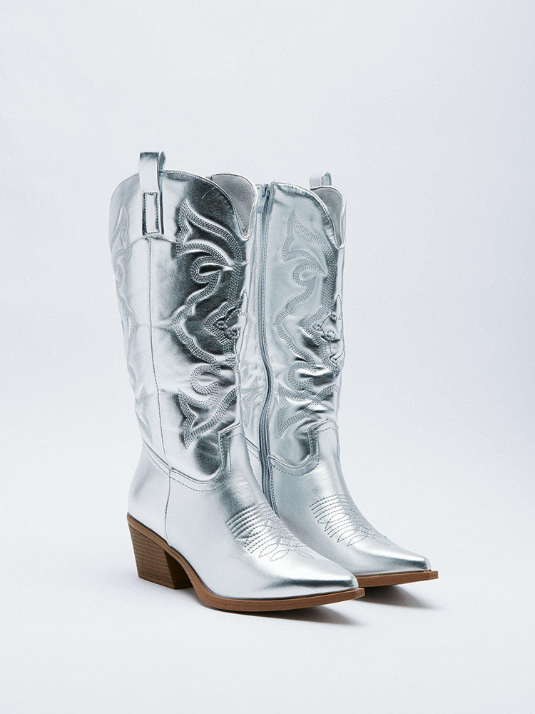 Metallic PU Leather Cowboy Boots - Bold Muse Co