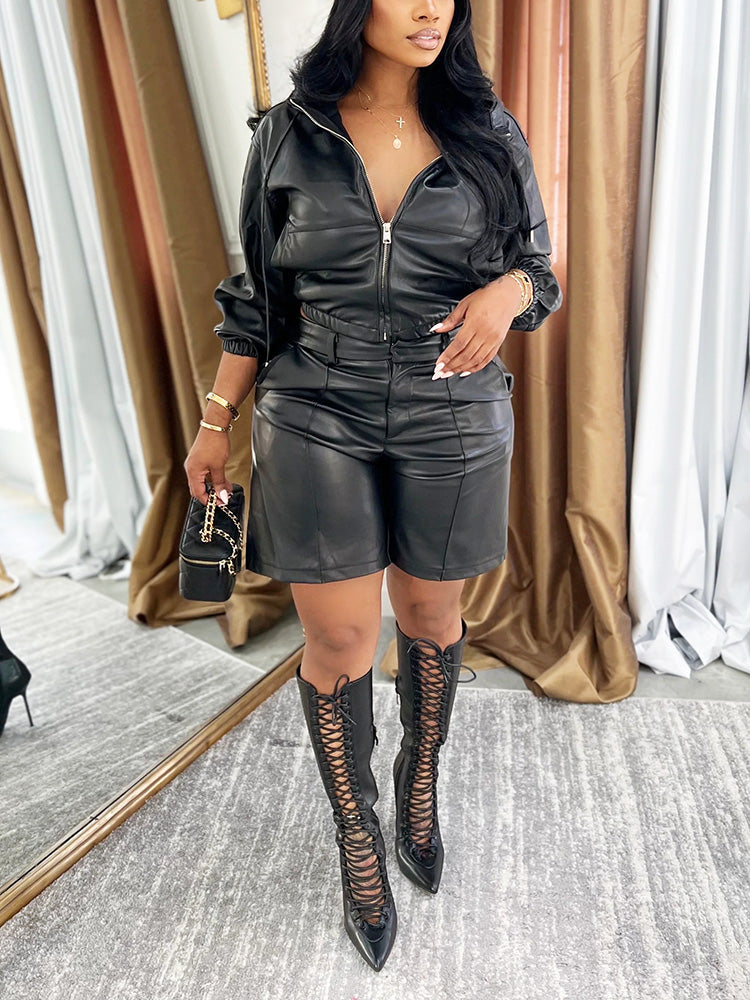 Leather Hooded Jacket & Shorts Set